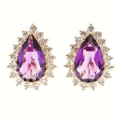 Pear Amethyst Diamond Halo Gold Clip Post Earrings 6