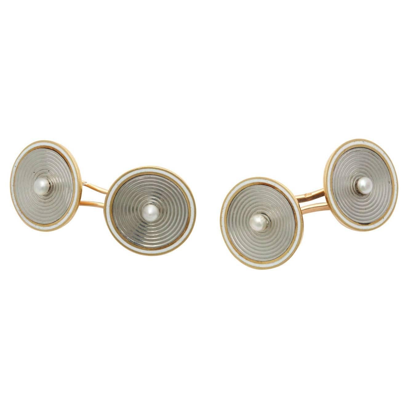 French Pearl Two Color 18k Gold Cufflinks, Paris, 1960s