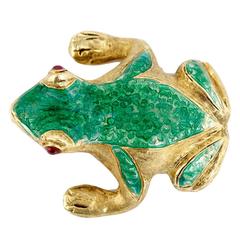 Stunning Green Enamel Ruby Gold Frog Pin Brooch