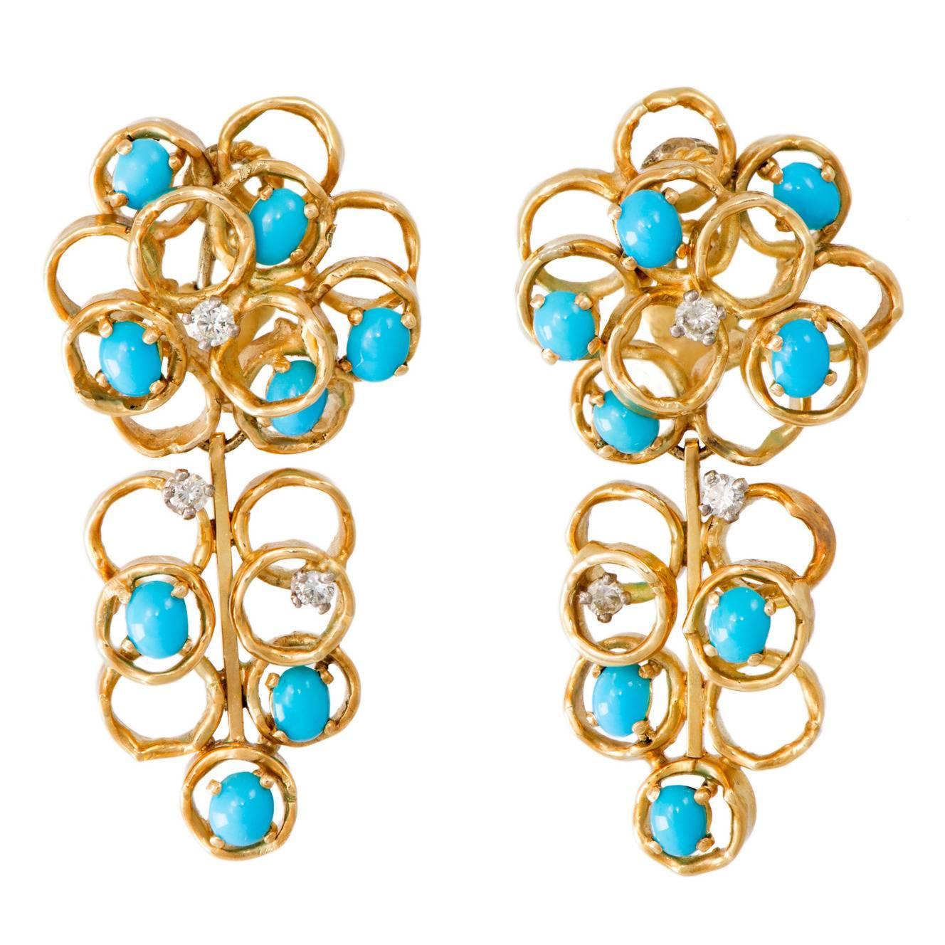 1970s Alan Gard Turquoise Diamond Gold Long Earclips