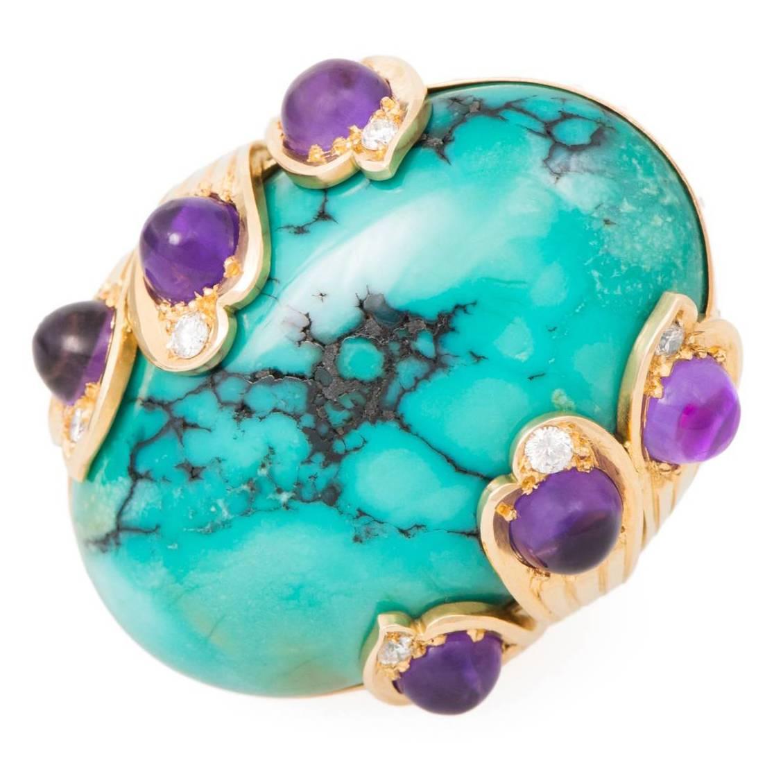 A very lovely 18 karat gold, turquoise, amethyst and diamond ring, Italy, c. 1960.

Ring size 6. This ring can be sized. 