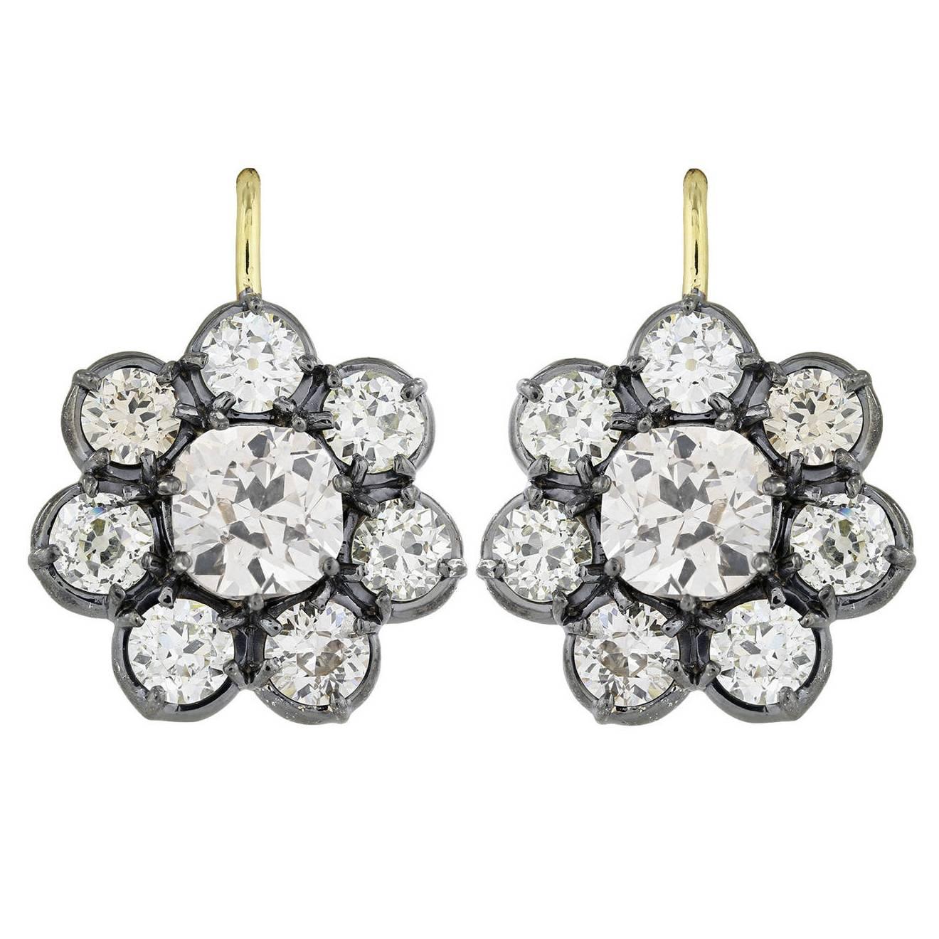 8.60 Carat Diamond Silver Gold Cluster Earrings For Sale