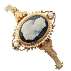 Cameo Bangle/Bracelet with Pearls, 15k Yellow Gold - Antique Victorian 3