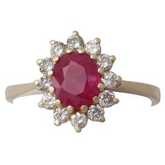 1.88 Ct Ruby and 0.70 Ct Diamond, 18k Yellow Gold Cluster Ring - Vintage 2