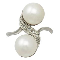 Cultured Pearl and 0.12 Ct Diamond, 18 Ct White Gold Dress Ring - Vintage 6