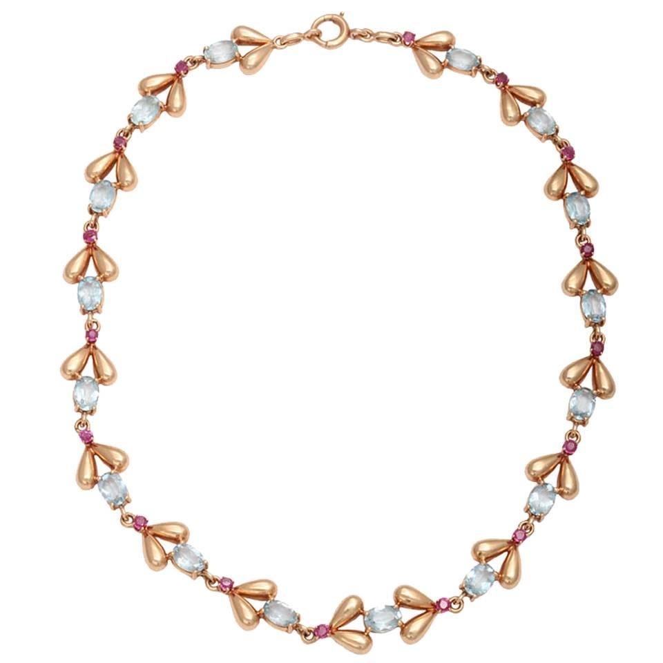 1940s Tiffany & Co. Retro Ruby Aquamarine Gold Necklace