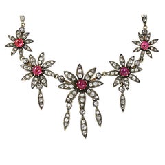 Victorian Ruby Diamond Silver Gold Floral Motif Necklace