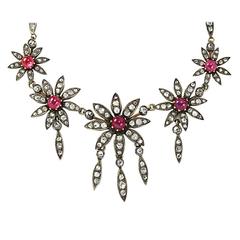 Victorian Ruby Diamond Silver Gold Floral Motif Necklace 9