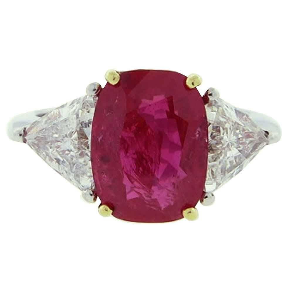 Outstanding 5.7 Carat No Heat Cushion Cut Ruby Diamond Gold Platinum Ring