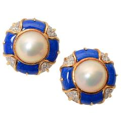 Lapis Pearl Diamond Gold Earrings