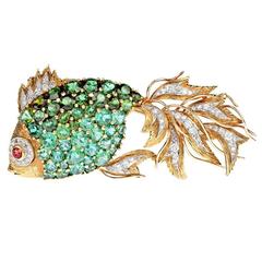 Green & Pink Tourmaline Diamond Yellow Gold Tropical Fish Brooch 11