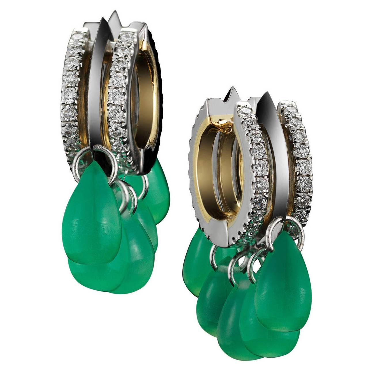 Alexandra Mor Green Chrysoprase Diamond Gold Platinum Hoop Earrings For Sale