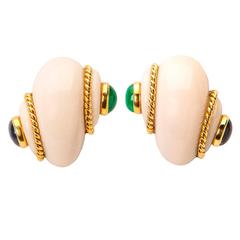 Verdura Emerald Sapphire Cocholong Gold Ear Clips