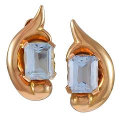 Emerald Cut Aquamarine Gold Ear Clips