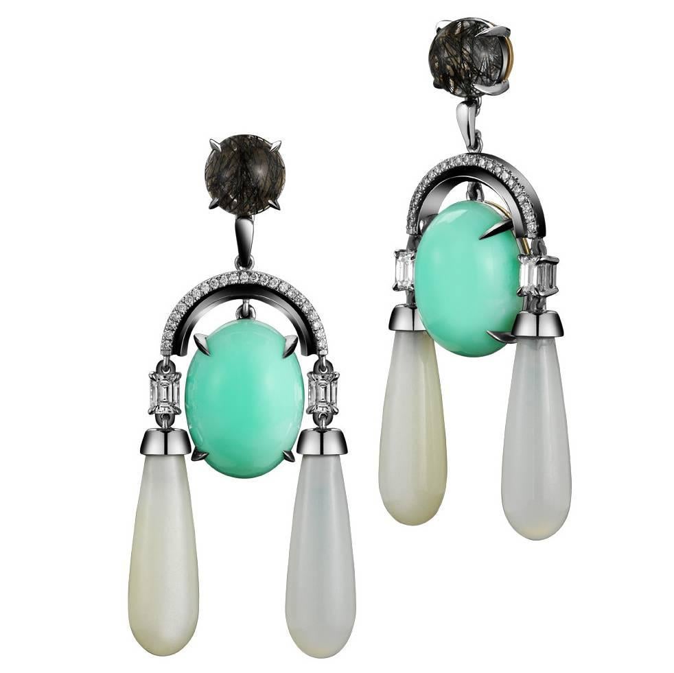 Alexandra Mor Black Rutilated Quartz Moonstone Green Opal Diamond Arch Earrings For Sale