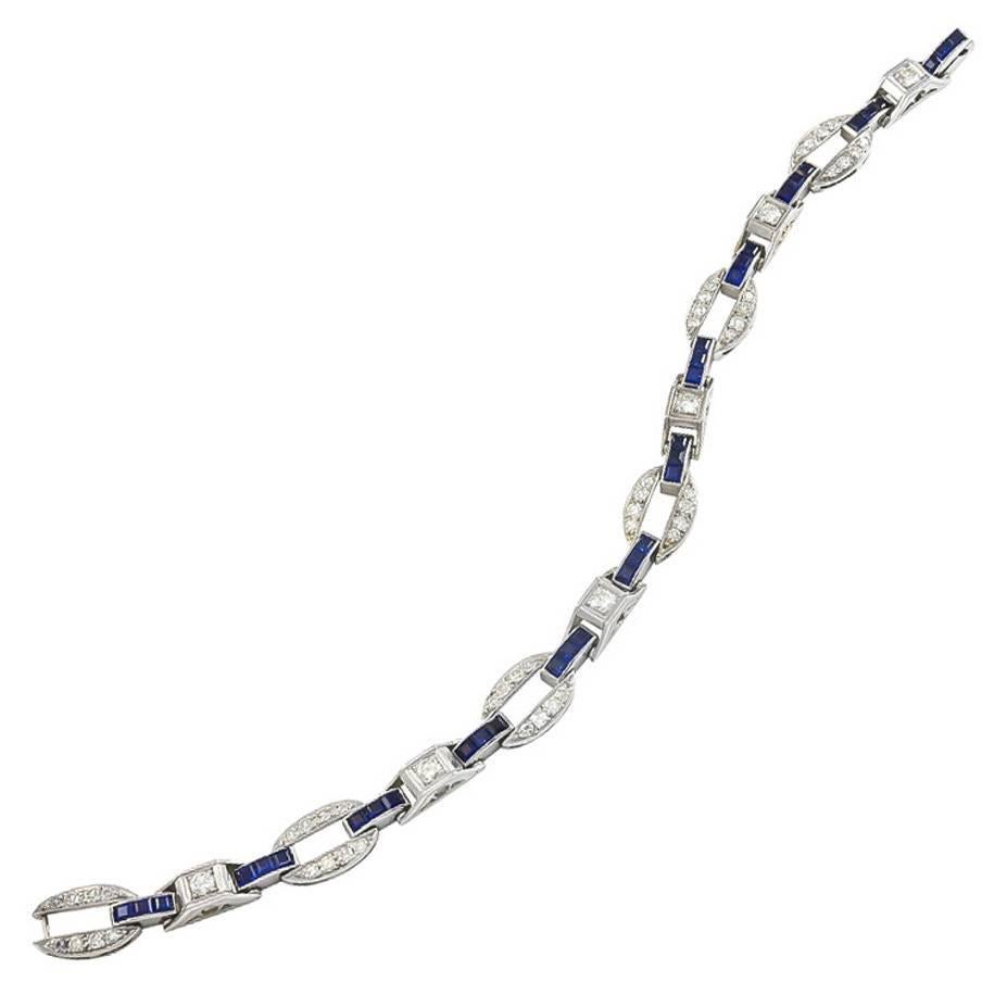 Art Deco Sapphire Diamond Platinum Link Bracelet