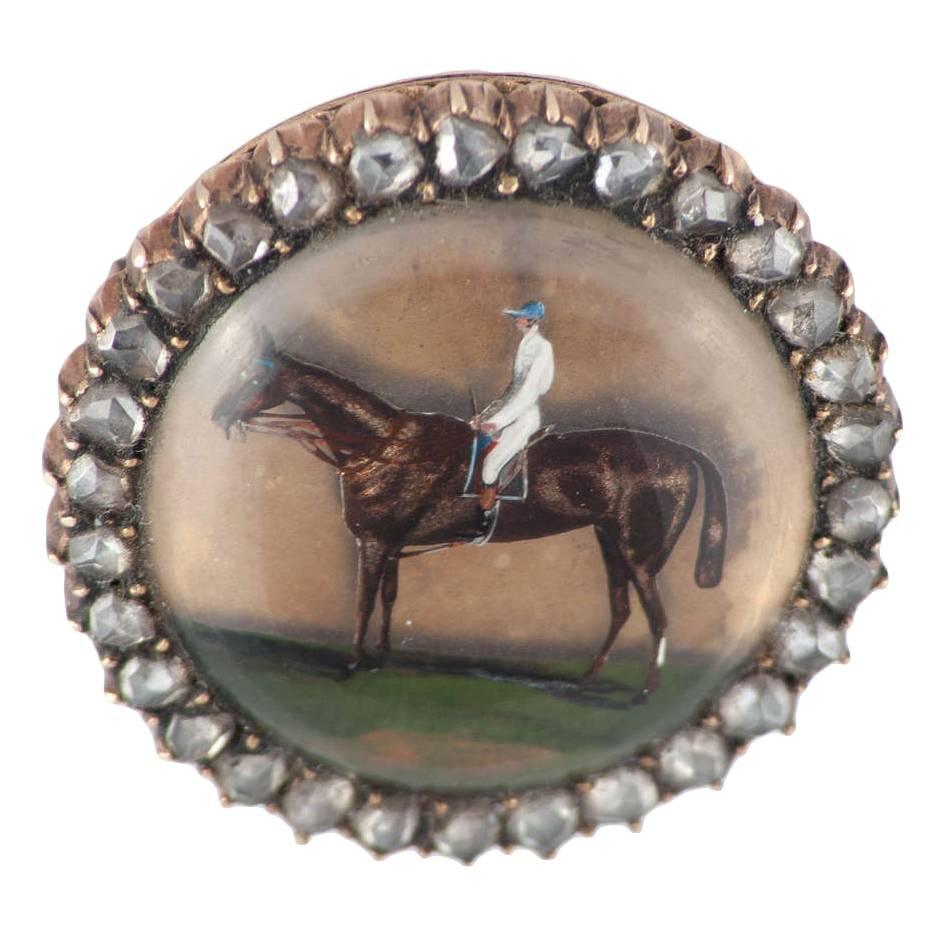 Antique Victorian Essex Crystal Gold Jockey and Horse Brooch For Sale