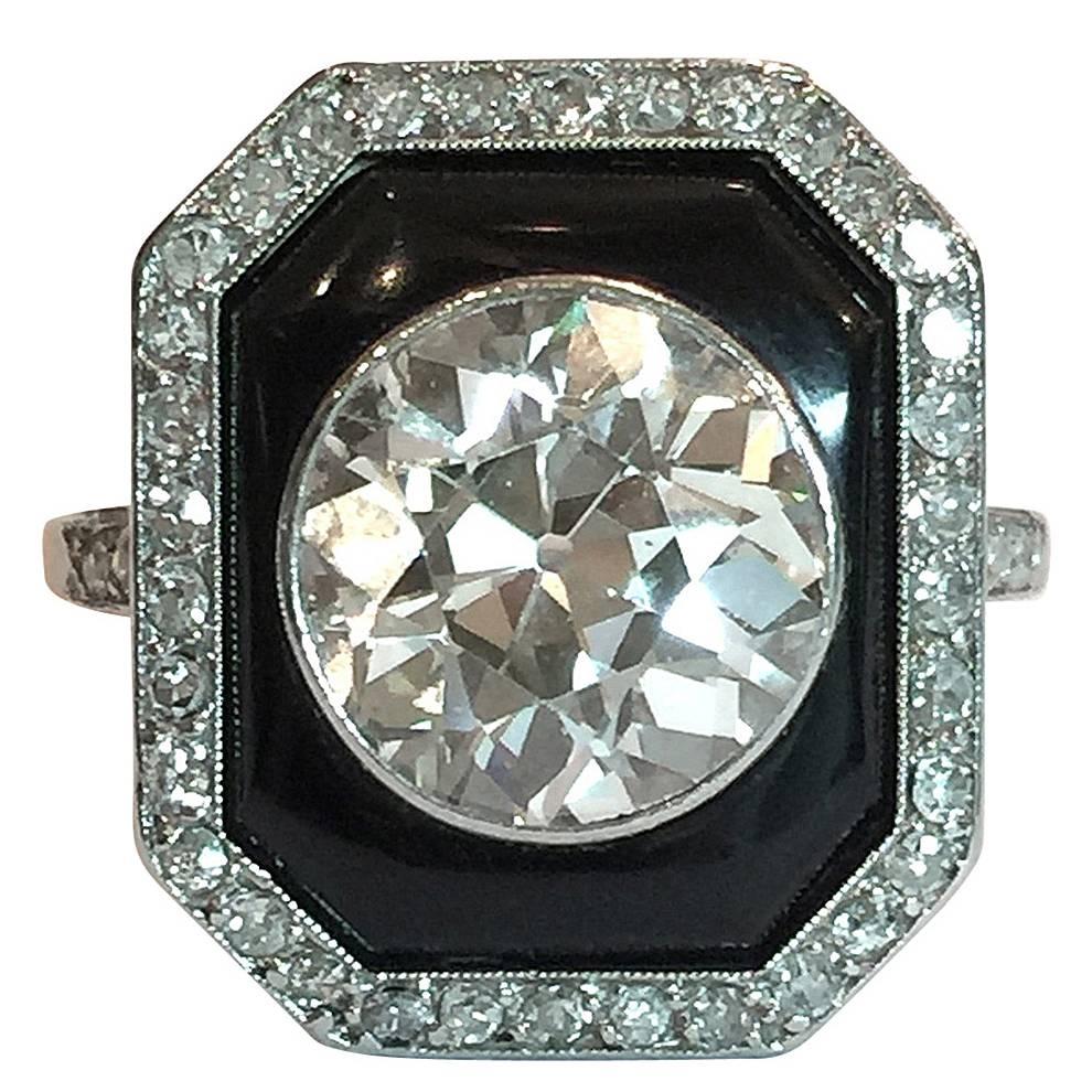Art Deco Onyx 4 Carat Circular Cut Diamond Platinum Ring For Sale