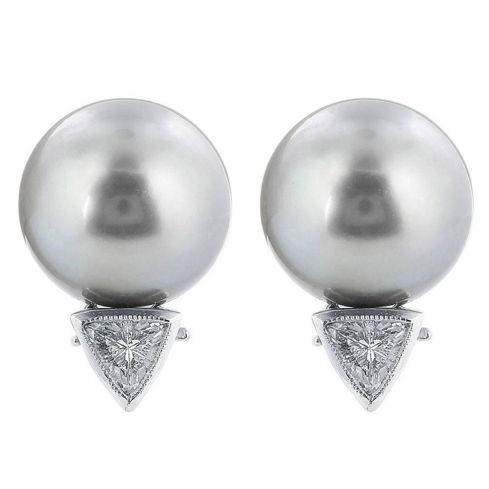 Tahitian Pearl Diamond Platinum Stud Earrings For Sale