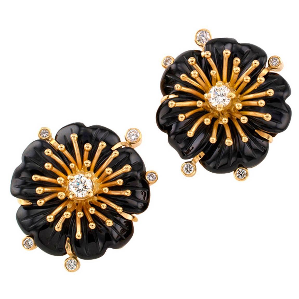 Carved Black Onyx And Diamond Flower Earrings