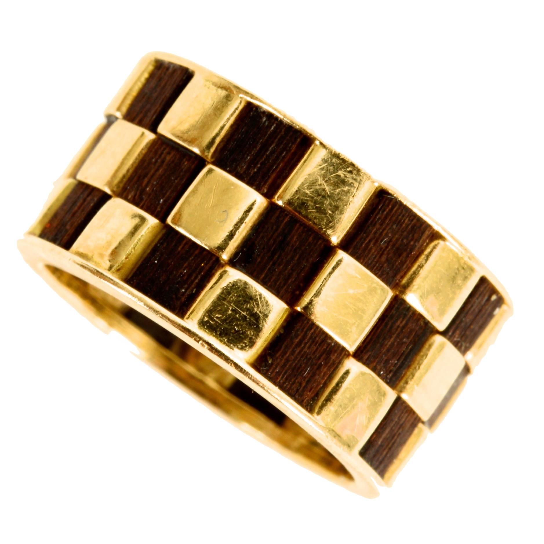 Van Cleef and Arpels "Checkerboard" Wood Gold Band Ring