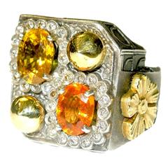 Stambolian Two-Stone Taj Mahal Garnet Sapphire Diamond Silver Gold Ring