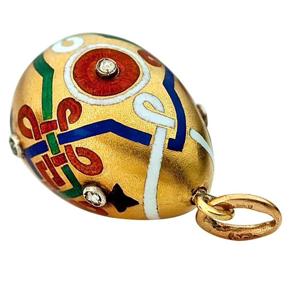 1880s Carl Faberge Enamel Gold Russian Revival Egg Pendant