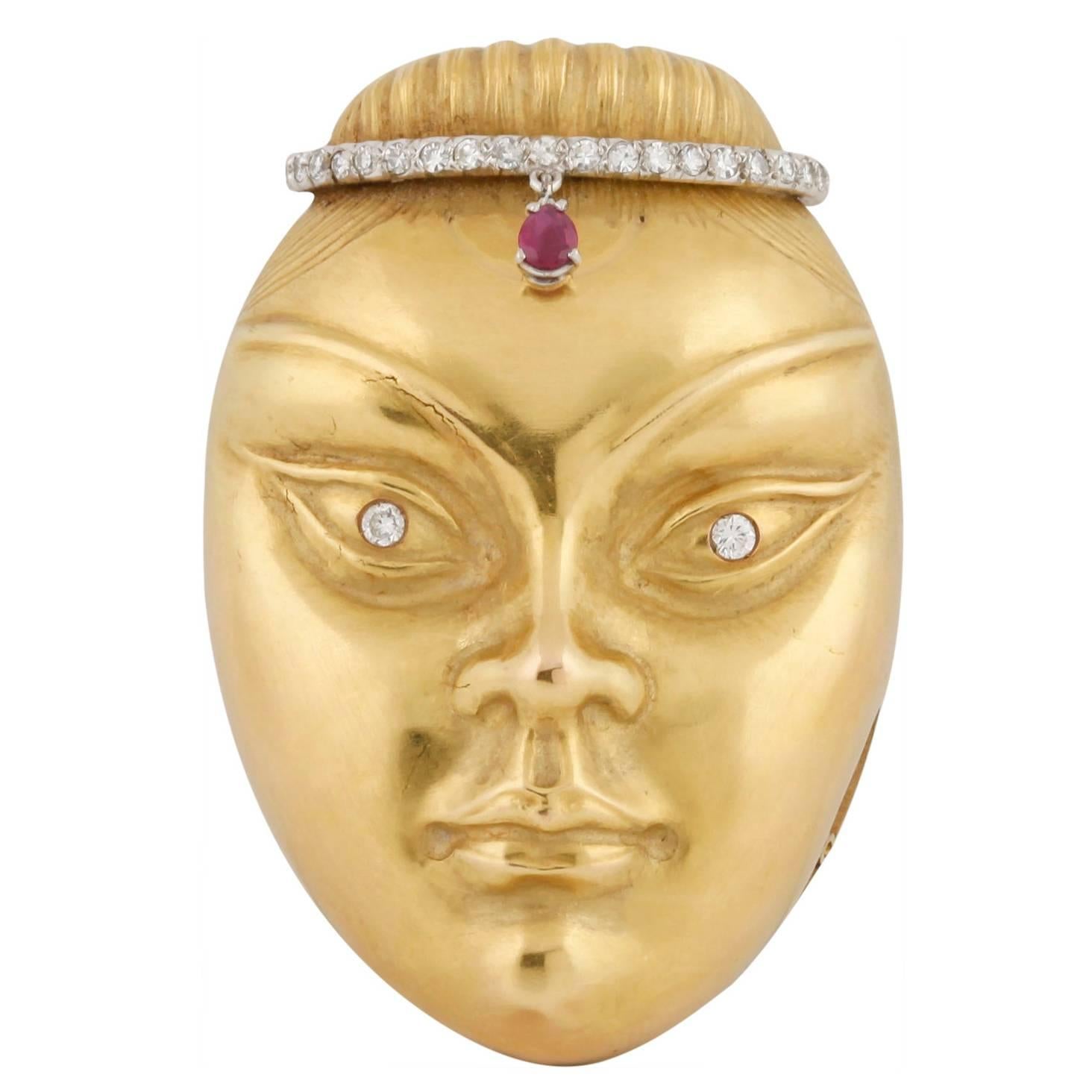 Ruby Diamond Gold Female Mask Brooch For Sale