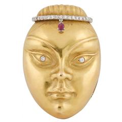 Ruby Diamond Gold Female Mask Brooch