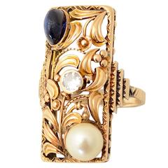 Arts and Crafts Pearl Sapphire Diamond Gold Ring 