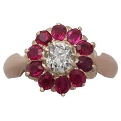 0.60Ct Ruby 
0.38Ct Diamond, 9k Rose Gold Cluster Ring - Antique Circa 1900