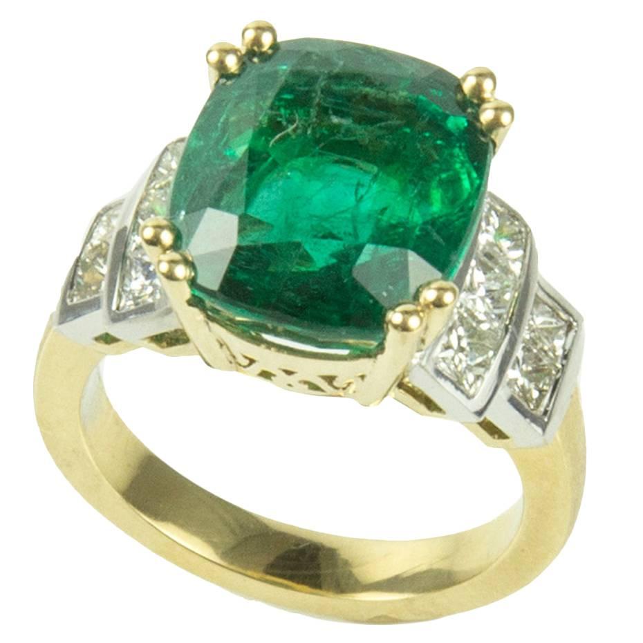 7.60 Carat Cushion Cut  Emerald Diamond Gold Ring