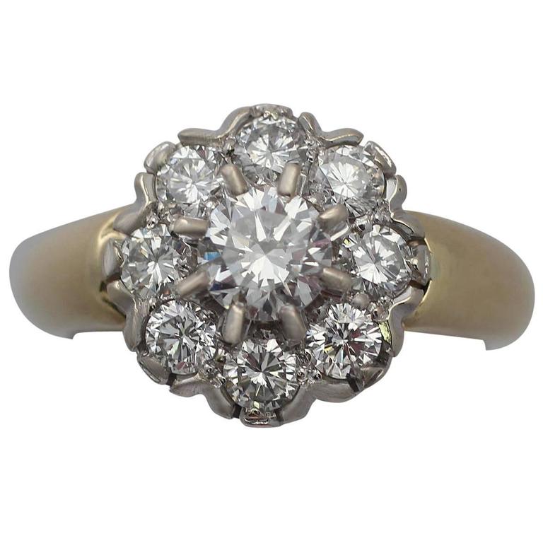 1.15Ct Diamond and 18k Yellow Gold Cluster Ring - Vintage French Circa