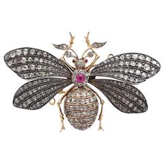 1880s Synthetic Ruby and 3.11 Carat Diamond Gold Insect Brooch 10