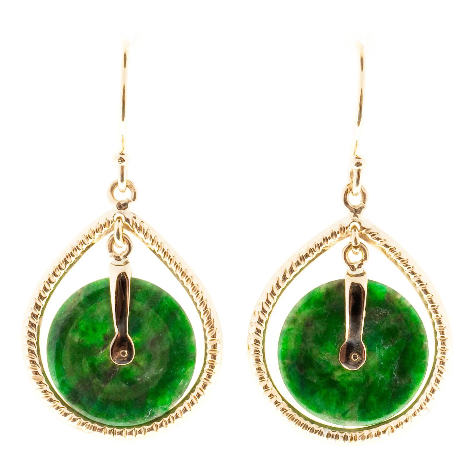 GIA Certified Natural Round Jadeite Jade Gold Dangle Earrings