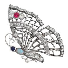 1940s Opal, Ruby, Sapphire and 3.50 Carat Diamond, White Gold 'Butterfly' Brooch 9