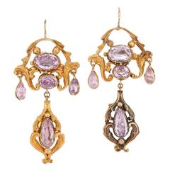 Georgian Yellow Gold Foiled Pink Topaz Chandelier Earrings