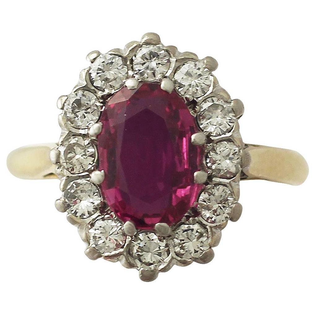 1.26Ct Ruby and 0.60Ct Diamond, 18k Yellow Gold Cluster Ring - Vintage