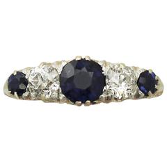 1.39Ct Sapphire & 0.72Ct Diamond, 18k Yellow Gold Five Stone Ring - Antique 5