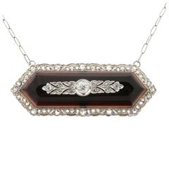 Victorian Onyx Diamond Gold Platinum Pendant Necklace