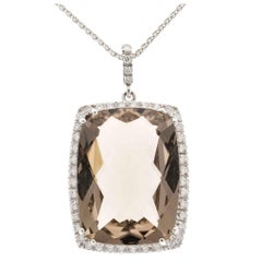 24.00 Carat Smoky Cushion Quartz Diamond Halo White Gold Pendant Necklace