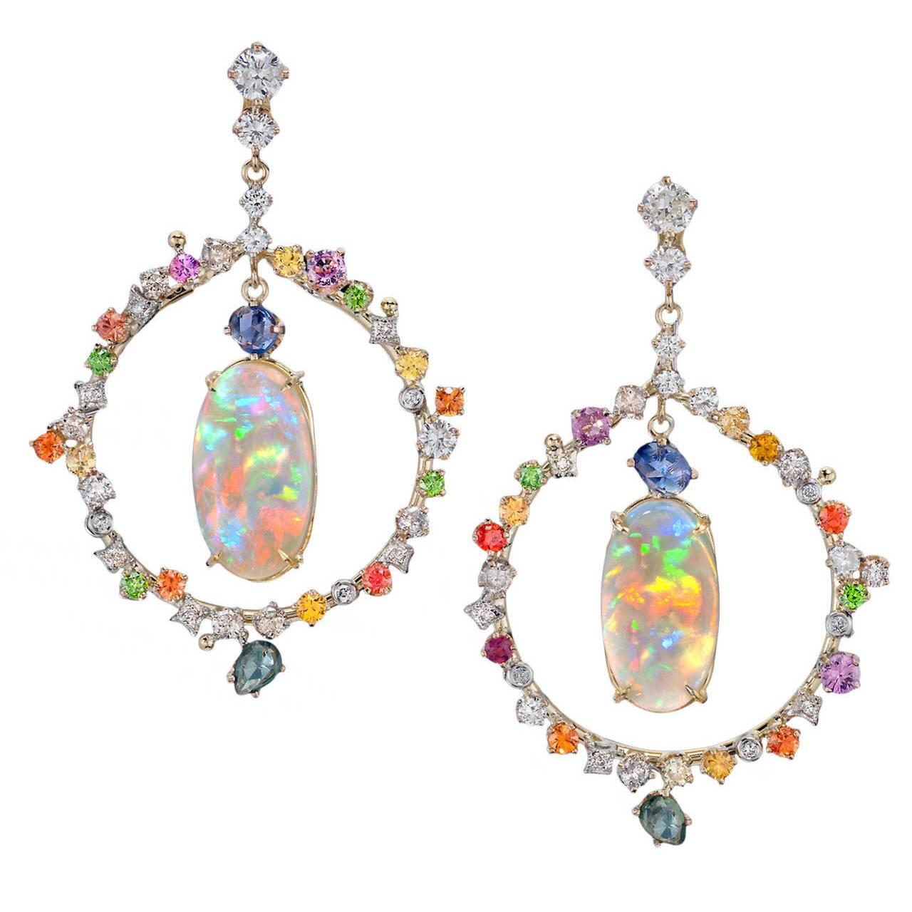 Russell Trusso Certified Matched Opal Multicolor Sapphire Diamond Gold Earrings