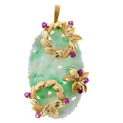 GIA Certified Jadeite Jade Ruby Hand Carved Floral Gold Pendant