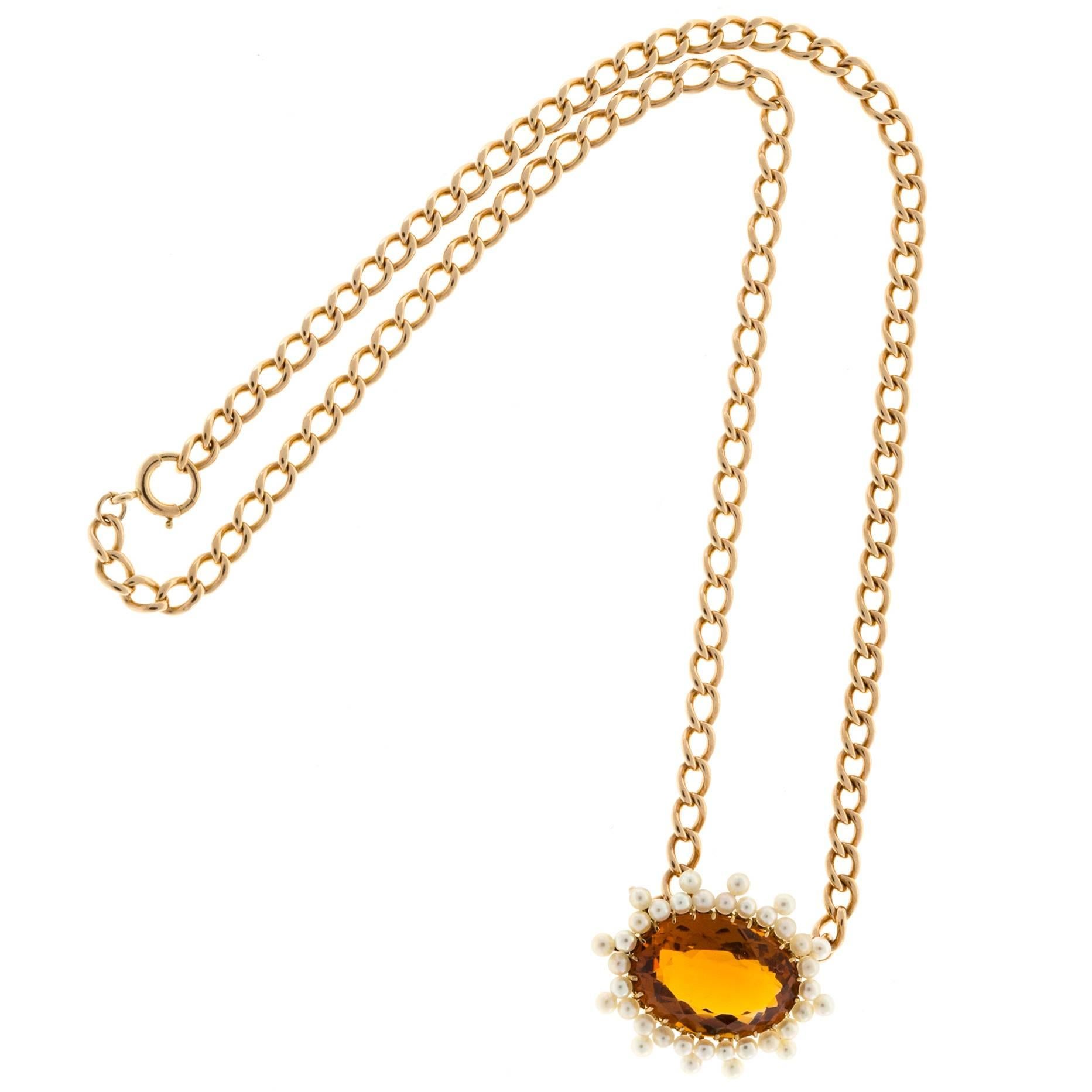 Citrine Pearl Gold Pendant Necklace  For Sale