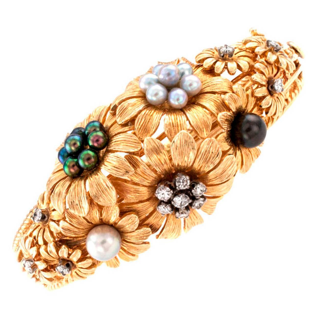 1960s Cultured Pearl Diamond Gold Flower Bangle Bracelet