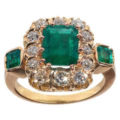 Victorian Colombian Emerald Diamond Gold Cluster Ring