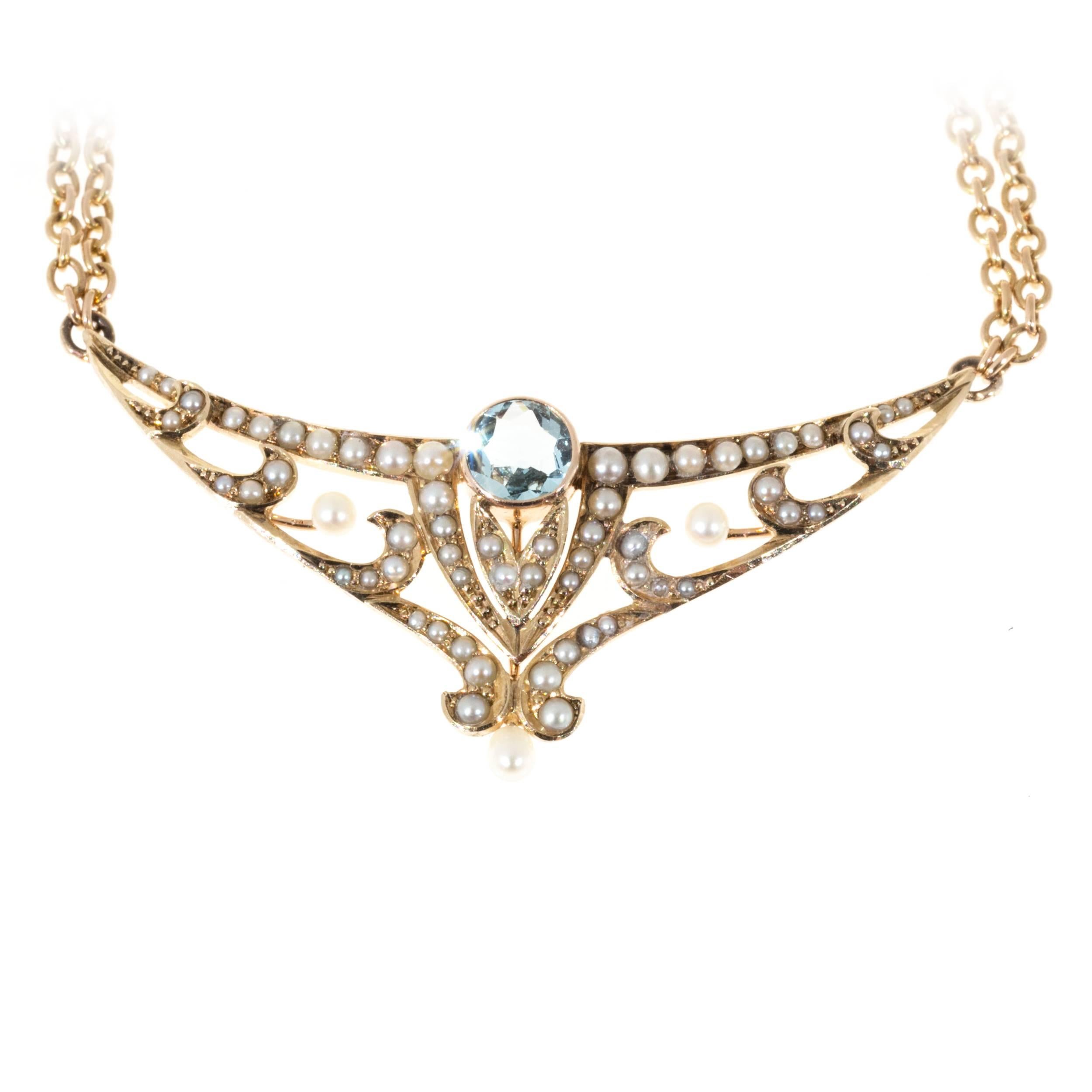 Aquamarine Pearl Gold double chain Pendant Necklace