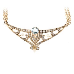 Aquamarine Pearl Gold double chain Pendant Necklace