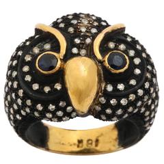 Sapphire Diamond Rhodium Silver Gold Owl Cocktail Ring Sapphire Diamond Rhodium Silver Gold Owl Cocktail Ring