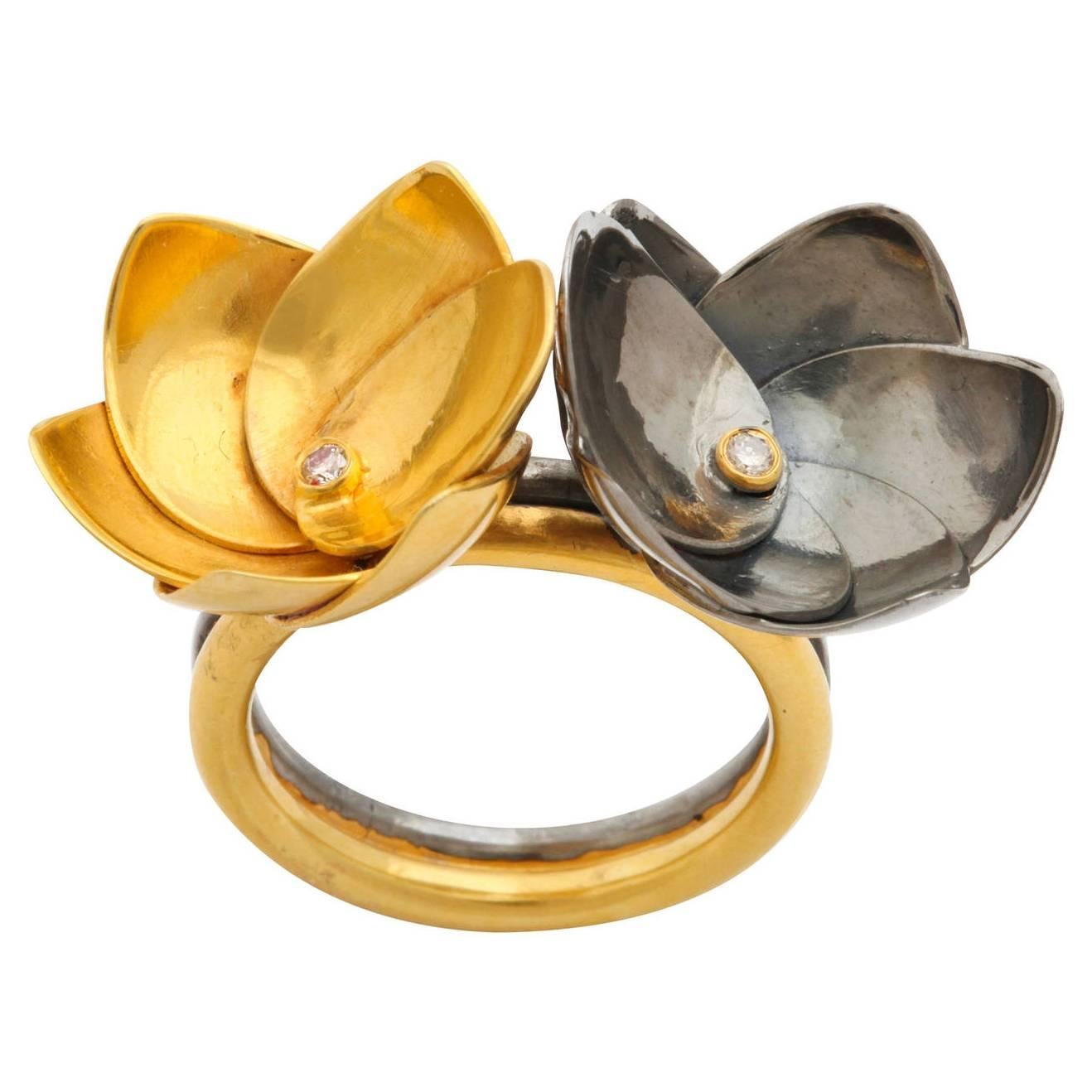 Diamond Silver Gold Double Lotus Flower Ring